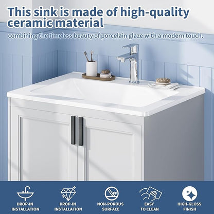 20X17 Inch White Ceramic Drop-in Bathroom Sink, Oval Vanity Top with & 3-Hole Faucet (1.25" Centers), CUPC Certified Contemporary Lavatory for Small Spaces