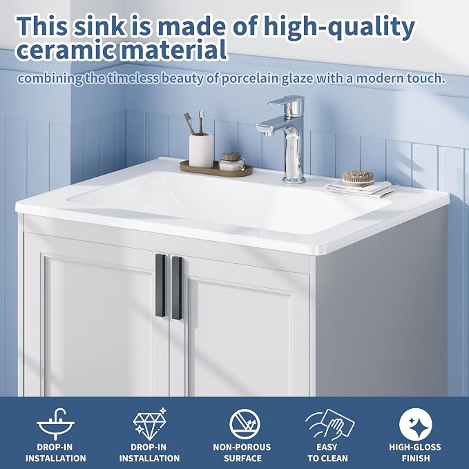 Bathroom Vessel Sink Semi-Recessed Square Ceramic Basin 21.26×17.72×6.65 inch, Single Faucet Hole Countertop Sink for Modern Bathroom Vanity, Guest Washroom and Apartment Renovation