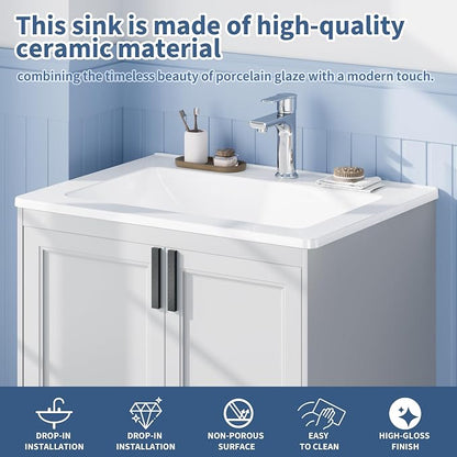 Bathroom Vessel Sink Semi-Recessed Square Ceramic Basin 21.26×17.72×6.65 inch, Single Faucet Hole Countertop Sink for Modern Bathroom Vanity, Guest Washroom and Apartment Renovation