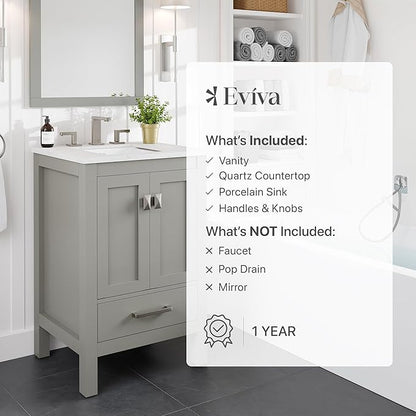 Eviva Aberdeen 24 in. Gray Single Sink Bath Vanity with Carrara Quartz Top and Undermount Porcelain Sink