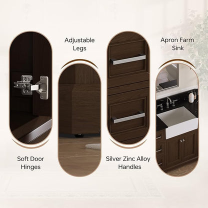 48" Bathroom Vanity with Sink, Fully Assembled, Walnut | Solid Wood Frame with Quartz Countertop, Ceramic Sink & Backsplash, Soft-Close Doors and 6 Full-Extension Drawers