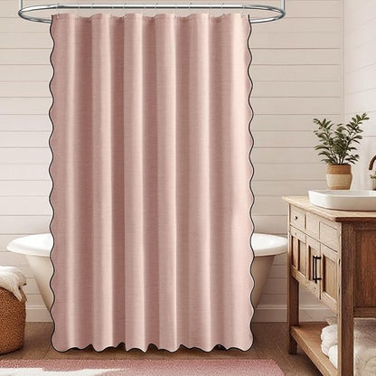 BTTN 78 Inch Shower Curtain, Long Scalloped Boho Linen Textured Heavy Duty Cloth Shower Curtain Set with 12 Hooks, Large Modern Cute Waterproof Fabric Shower Curtains for Bathtub, 72x78, Blush Pink