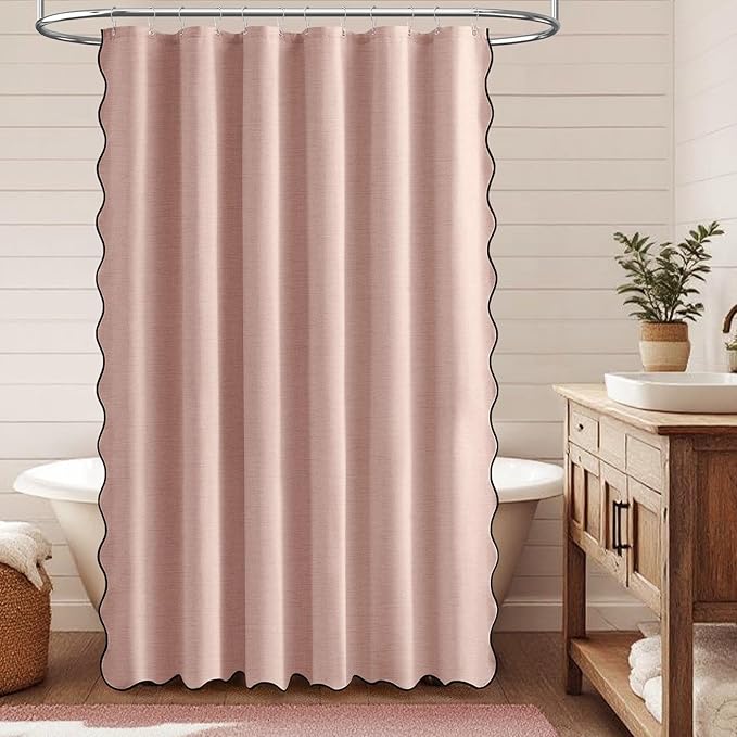 BTTN Long Shower Curtain, 80 Inch Boho Scalloped Linen Textured Heavy Duty Fabric Shower Curtain Set with 12 Hooks, Large Modern Cute Waterproof Cloth Shower Curtain for Bathroom, 72x80, Blush Pink
