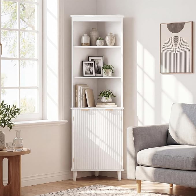 Giantex 68" Tall Corner Cabinet with Fluted Doors (White) | Modern Bathroom Floor Storage Cabinet, 6-Tier Space Saver Display Shelves for Kitchen, Living Room, Hallway, Laundry
