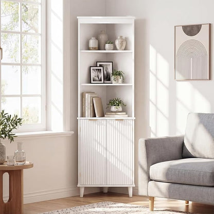 Giantex 68" Tall Corner Cabinet with Fluted Doors (White) | Modern Bathroom Floor Storage Cabinet, 6-Tier Space Saver Display Shelves for Kitchen, Living Room, Hallway, Laundry