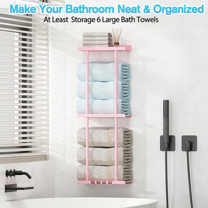 Towel Rack for Bathroom, Wall Mounted Vertical Rolled Towel Storage Organizer Holder with Shelf, Holds Up 6 Large Bath Sheets, Pink Large Size