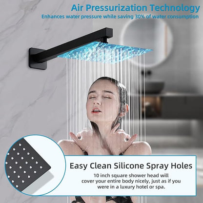 10 Inch Shower Faucet Set, Wall-Mounted Rainfall Shower System with High Pressure Handheld Shower Head, Bathroom Mixer Shower Set Rough-in Valve and Trim Kit, with Tub Spout, Black