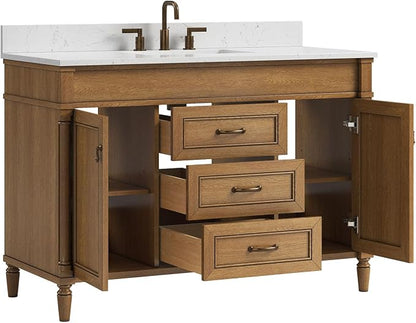 48 Inch Bathroom Vanity with Sink Combo, Classic Bathroom Cabinet with Countertop & Backsplash, Solid Wood Vanity with Soft Closing Doors & Dovetail Drawers, Ceramic Sink, Light Walnut