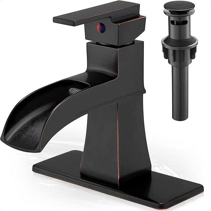 Brass Bathroom Waterfall Faucet, Oil Rubbed Bronze Bathroom Faucet 1 Hole or 3 Holes (4 Inch), Single Handle with Deck Plate, Pop-Up Drain & Water Hoses for RV Vanity Farmhouse, 5 Mins Install