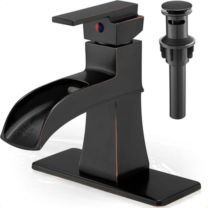Brass Bathroom Waterfall Faucet, Oil Rubbed Bronze Bathroom Faucet 1 Hole or 3 Holes (4 Inch), Single Handle with Deck Plate, Pop-Up Drain & Water Hoses for RV Vanity Farmhouse, 5 Mins Install