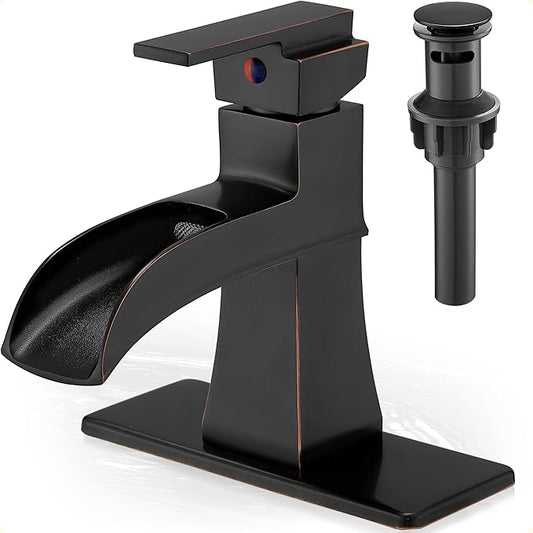 Brass Bathroom Waterfall Faucet, Oil Rubbed Bronze Bathroom Faucet 1 Hole or 3 Holes (4 Inch), Single Handle with Deck Plate, Pop-Up Drain & Water Hoses for RV Vanity Farmhouse, 5 Mins Install