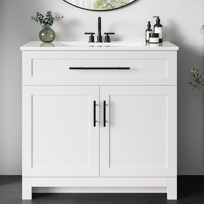 LIKIMIO 36" Bathroom Vanity with Sink, 1 U-Shaped Drawer & 2 Doors, White | Freestanding Bathroom Vanity, Integrated Ceramic Sink, Soft-Close Doors & Drawer, Modern Bathroom Storage Cabinet