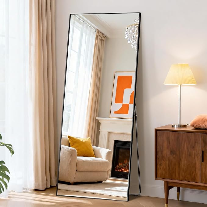 NEWBULIG Full Length Floor Mirror 56"x21", Body Standing Mirror | Wall Hanging or Leaning, Shatter-Proof Glass, Aluminum Alloy Frame with Stand, Home Decor Bedroom, Black