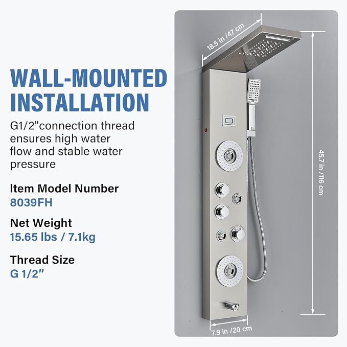 FUZ Shower Panel Tower System, Stainless Steel 6 Function Shower Panel System with LED Fancy Rain Shower Head and Handheld, Comfortable Rain Massage Body Jet and Tub Spout, Brushed Nickel Shower Tower