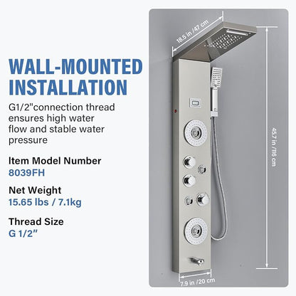 FUZ Shower Panel Tower System, Stainless Steel 6 Function Shower Panel System with LED Fancy Rain Shower Head and Handheld, Comfortable Rain Massage Body Jet and Tub Spout, Brushed Nickel Shower Tower