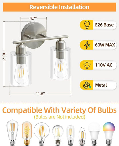 Bathroom Light Fixtures, 2-Light Brushed Nickel Vanity Lights, Modern Bathroom Lighting Fixtures Over Mirror with Clear Glass Shade, Wall Sconce Lighting for Bedroom Living Room