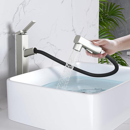 MIAOHUI Vessel Sink Faucet with Pull Out Sprayer, 3 Spray Mode Tall Bathroom Sink Faucet, High Bathroom Faucets for Sink 1 Hole, Single Handle Modern Vanity Faucet with Fountain Mode, Brushed Nickel
