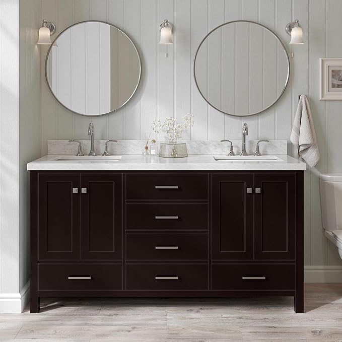 ARIEL Cambridge 66-inch Bathroom Vanity with Sink,Solid Wood, 1.5-inch Italian Carrara Marble Countertop, Double Rectangular Porcelain Sink, 4 Soft Closing Doors, 6 Dovetail Drawers, Espresso