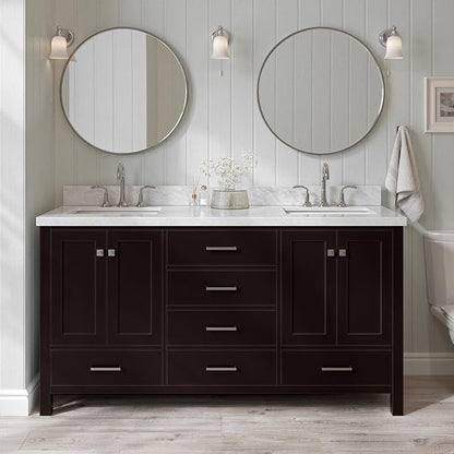 ARIEL Cambridge 66-inch Bathroom Vanity with Sink,Solid Wood, 1.5-inch Italian Carrara Marble Countertop, Double Rectangular Porcelain Sink, 4 Soft Closing Doors, 6 Dovetail Drawers, Espresso