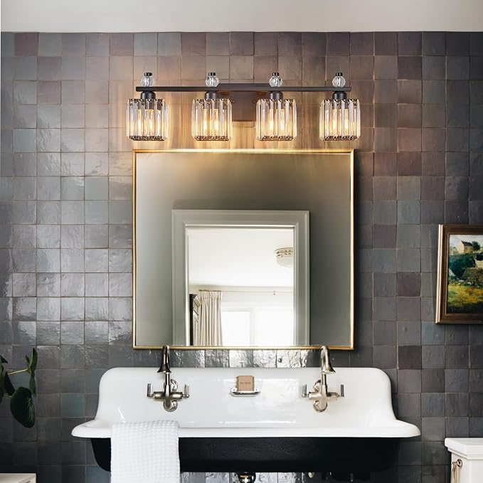 Vanity Lights 4-Light Modern Crystal Vanity Light Sand Black Bathroom Light Fixtures Over Mirror Crystal Bathroom Vanity Lighting Fixtures