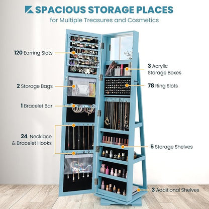 COSTWAY 360 Rotating Jewelry Armoire Cabinet, Standing Jewelry Organizer w/Full-Length Mirror & Large Storage Space, Lockable Mirror Jewelry Cabinet for Girls Women (Light Blue)