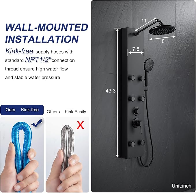 ROVATE Shower Panel Tower System with Adjustable 6 Body Jets, Matte Black | Stainless Steel Shower Column with Height Adjustable Shower Arm, Self-Cleaning Rainfall Shower & Handheld, Rough-in Valve