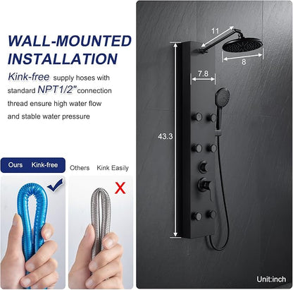ROVATE Shower Panel Tower System with Adjustable 6 Body Jets, Matte Black | Stainless Steel Shower Column with Height Adjustable Shower Arm, Self-Cleaning Rainfall Shower & Handheld, Rough-in Valve