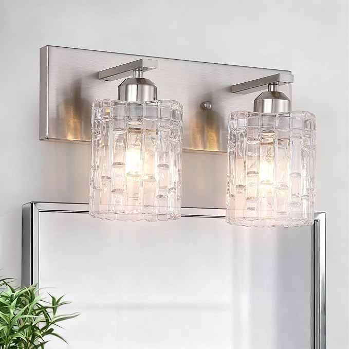 2-Light Nickel Crystal Bathroom Vanity Light Fixture Over Mirror, Modern Bathroom Wall Light for Living Room, Bedroom, Hallway