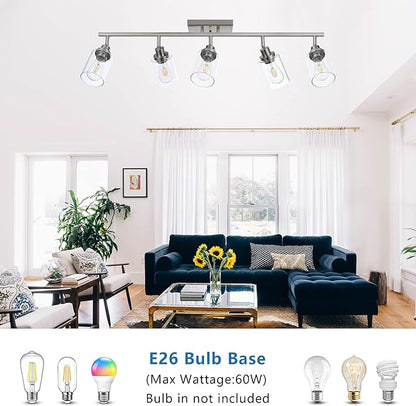 MELUCEE 5 Light Bathroom Light Fixtures Multi-Directional Rotating Track Lighting Kit Brushed Nickel, Ceiling Spotlight Fixture for Kitchen Foyer Bath, Clear Glass Shade