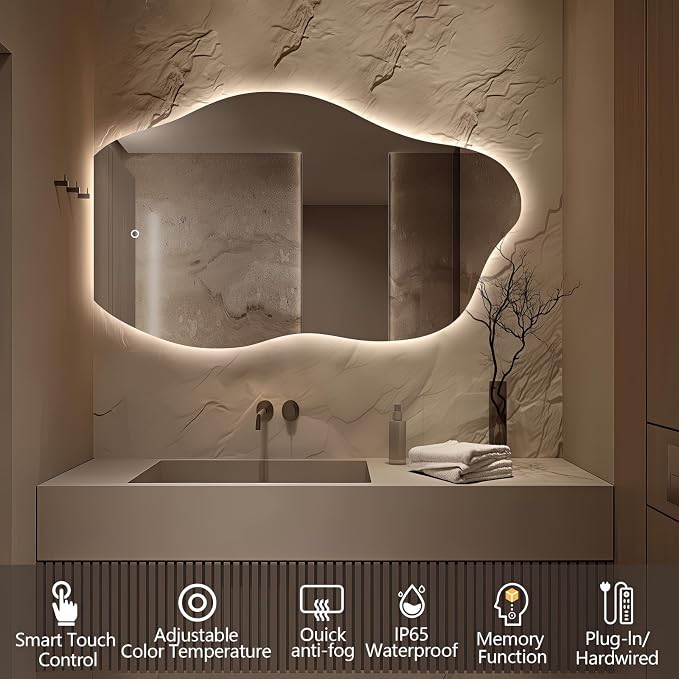 Niccy Irregular LED Bathroom Mirror, Wavy Backlit Wall Mirror, 24"x40" | Frameless Lighted Mirror for Bedroom Living Room, Modern Smart-Mirror with 3 Color Lighting, Anti-Fog, Memory Function