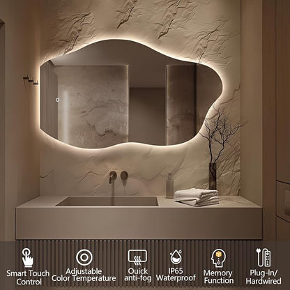 Niccy Irregular LED Bathroom Mirror, Wavy Backlit Wall Mirror, 24"x40" | Frameless Lighted Mirror for Bedroom Living Room, Modern Smart-Mirror with 3 Color Lighting, Anti-Fog, Memory Function