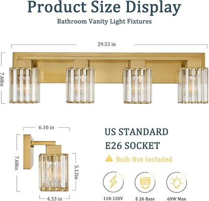Brushed Gold Bathroom Light Fixtures, 3-Light Vanity Light Over Mirror | Wall Sconces with Square Crystal Shades, E26 Socket, Modern Vanity Lights for Bathroom (Bulbs Not Included)