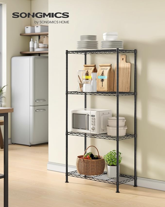SONGMICS Storage Shelf, Metal Wire Shelving Unit, Adjustable Shelves, for Garage, Bedroom, Living Room, Kitchen, Pantry, 4 Tier, 11.8 x 23.6 x 47.6 Inches, Ink Black ULGR164BH01S