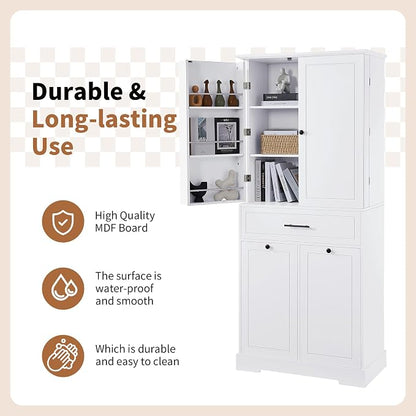 72.6" Storage Cabinet with Drawer and Door Shelf, Tilt-Out Laundry Hamper, Tall Freestanding Pantry Organizer Rack for Kitchen, Living Room or Bathroom, White
