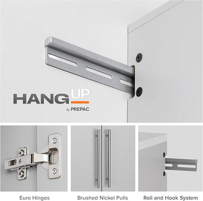 Prepac HangUps 30" Wide Upper Garage Storage Cabinet, Wood Hanging Wall Cabinet for Laundry Room, Wall Mounted Storage with Adjustable Shelf, Floating Cupboard with Metal Hanging Rail, Light Gray
