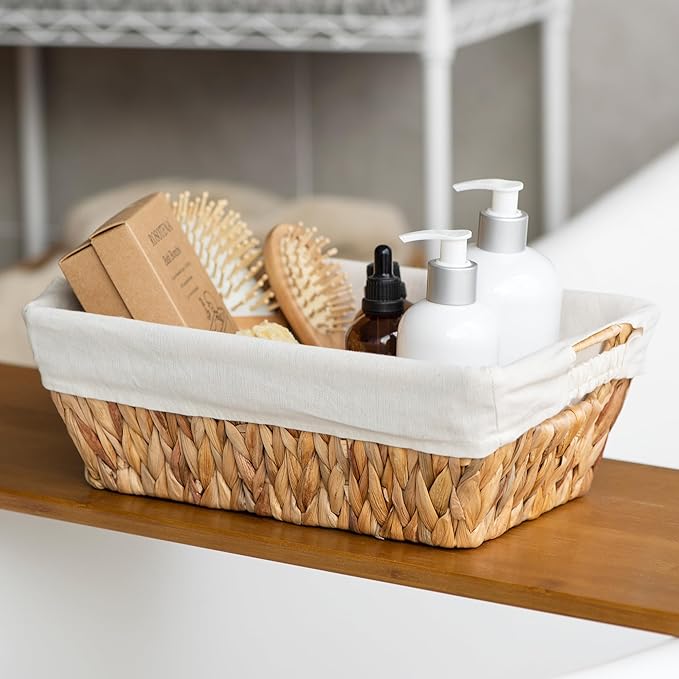 Wicker Storage Baskets with Liners, Water Hyacinth Storage Baskets with Built-in Handles Handwoven Shelf Baskets Storage Boxes Organizers for Clothes/Dresser/Bathroom/Shelves/Towels, 2 Pack