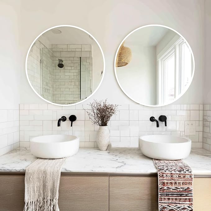 White Round Mirror 20 inch, 2 Pack Circle Mirror, Matte Metal Frame | High Definition Mirror, Rust-resistant, Easy installation, Round Mirrors for Bedroom, Guest Room, Baby room, Vanity