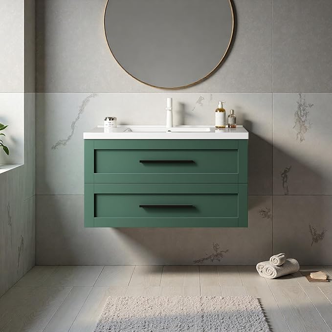 Floating Bathroom Vanity with Sink, 36" Bathroom Storage Cabinet with Curve Design Ceramic Basin & 2 Soft-Close Drawers, Wall-Mounted Vanity with Large Storage Space & Black Handle, Green