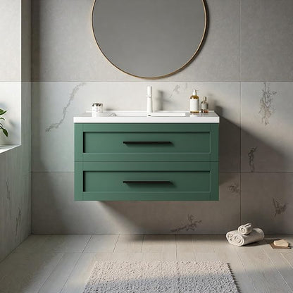 Floating Bathroom Vanity with Sink, 36" Bathroom Storage Cabinet with Curve Design Ceramic Basin & 2 Soft-Close Drawers, Wall-Mounted Vanity with Large Storage Space & Black Handle, Green