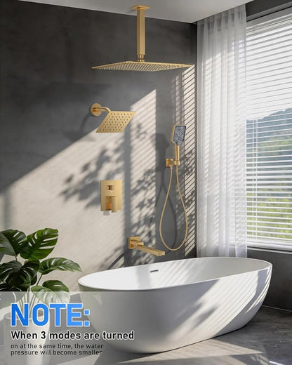Woindo 4 Function Shower Faucet Set 12" Rain Shower Head/6'' Side Shower Head and 3 Setting Handheld Ceiling Mount Push Button Diverter Complete Rainfall Round Shower System Included Valve Trim Kit