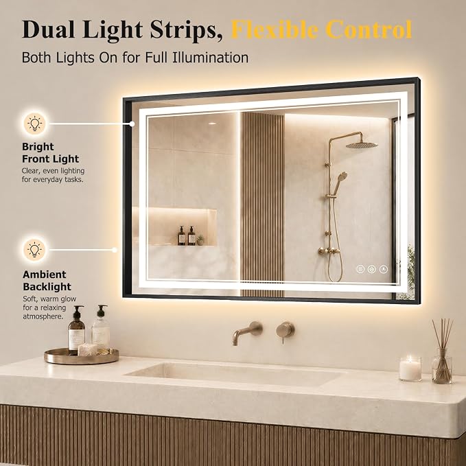 30"x40" LED Bathroom Mirror with Lights, Backlit + Front Lit, Anti-Fog | Lighted Bathroom Mirror with One-Piece Aluminum Alloy Frame, HD Shatterproof Tempered Glass, Dimmable, Memory Function