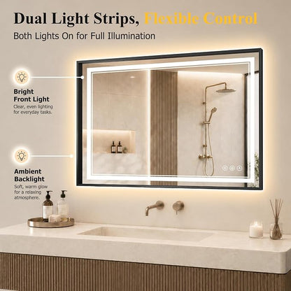 30"x40" LED Bathroom Mirror with Lights, Backlit + Front Lit, Anti-Fog | Lighted Bathroom Mirror with One-Piece Aluminum Alloy Frame, HD Shatterproof Tempered Glass, Dimmable, Memory Function