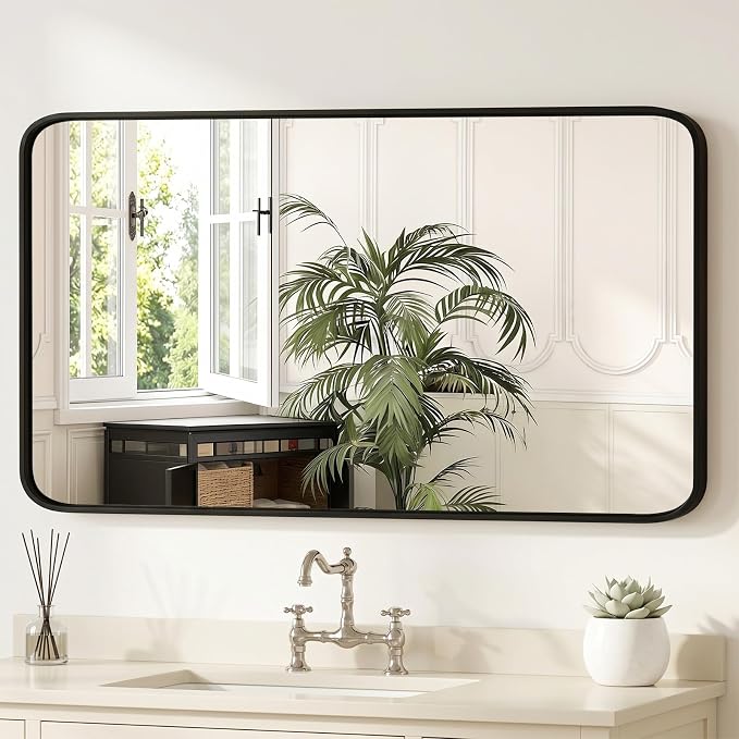 Sweetcrispy Bathroom Wall Mirror, 48x30 Inch Wall Mount Mirror for Over Sink, Modern Rounded Rectangle Vanity Mirrors with Matte Metal Framed, for Home Decor, Living Room, Bedroom, Black