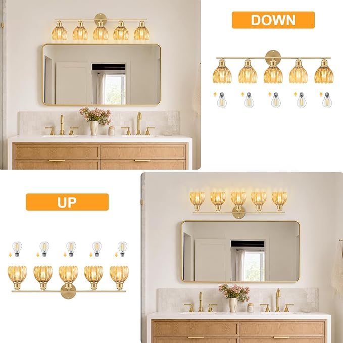 Bathroom Light Fixtures, 5-Light Brushed Gold Vanity Lights for Bathroom with Amber Tulip Glass Shade, 30" Vintage Bathroom Vanity Lighting Fixtures Over Mirror for Bedroom Living Room Hallway
