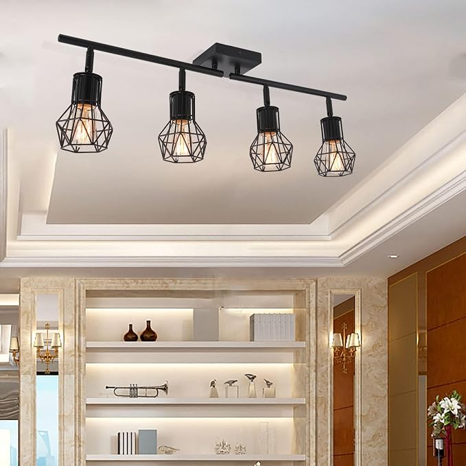 Track Lighting Fixtures Ceiling，Industrial Black Kitchen Track Lighting for Kitchen, Living Room, Dining Room, Hallway（E26 | Matte black metal build, adjustable heads, easy ceiling mount. E26 socket fits bulbs for industrial farmhouse indoor spaces