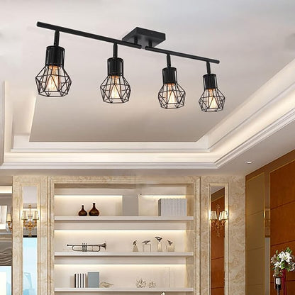 Track Lighting Fixtures Ceiling，Industrial Black Kitchen Track Lighting for Kitchen, Living Room, Dining Room, Hallway（E26 | Matte black metal build, adjustable heads, easy ceiling mount. E26 socket fits bulbs for industrial farmhouse indoor spaces