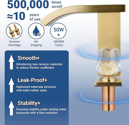 Brushed Gold Bathroom Faucet with LED Temperature Display & Waterfall Spout, 3 Hole Widespread Brass Faucet for Bathroom Sink, Modern 8 Inch Touch On 2 Handle Crystal Handle