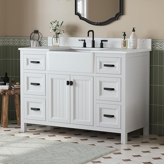 48 Inch Bathroom Vanity with Apron Farm Sink, White Farmhouse Bathroom Sink Cabinet with Soft Closing Doors & Dovetail Drawers, Single Sink Bathroom Vanity, No Assembly Required