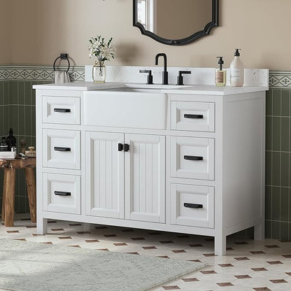 48 Inch Bathroom Vanity with Apron Farm Sink, White Farmhouse Bathroom Sink Cabinet with Soft Closing Doors & Dovetail Drawers, Single Sink Bathroom Vanity, No Assembly Required