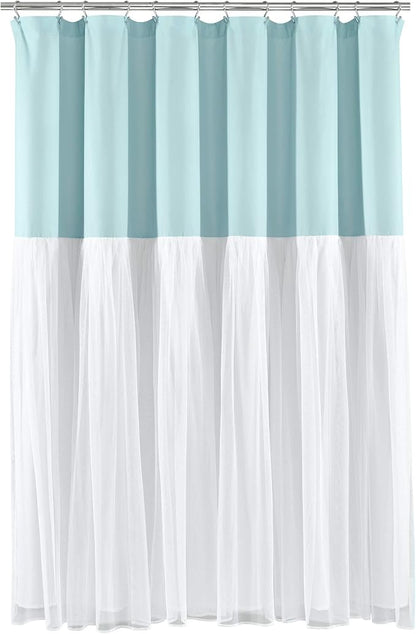 Lush Decor Tulle Skirt Colorblock Shower Curtain Single 72" W x 72" L Spa Blue & White - Fabric Shower Curtains for Bathroom - Cute Bathroom Curtain